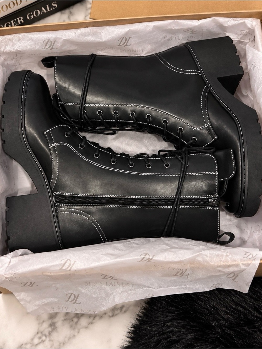 Dirty Laundry Black Lace-Up Combat Boots with Contrast White Stitching